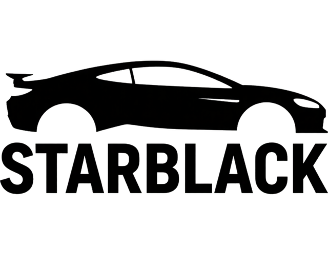 Silueta de un coche deportivo negro sobre la palabra “STARBLACK” en texto negro en negrita.