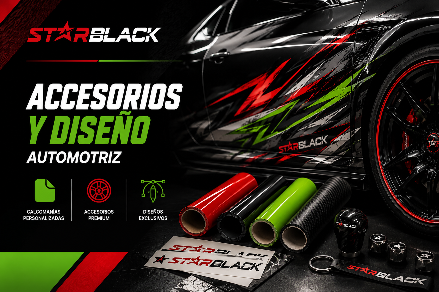 Anuncio de accesorios y diseño automotriz STAR BLACK con piezas rojas y negras sobre fondo negro.