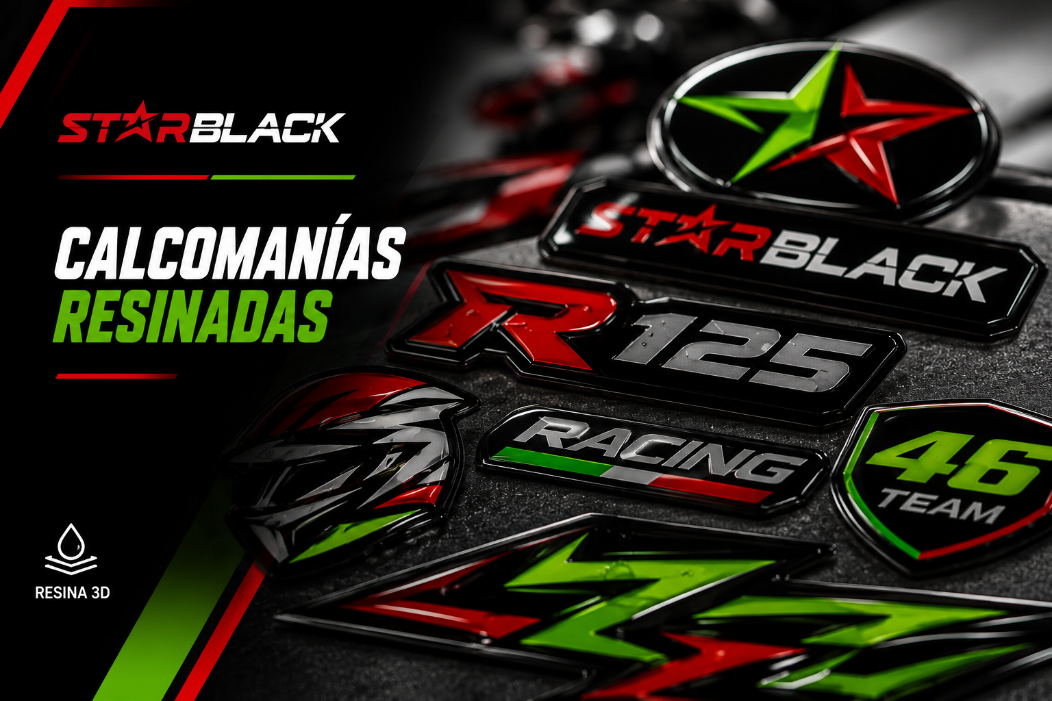 Gráfico promocional para calcomanías de resina STARBLACK, que muestra números y logotipos brillantes