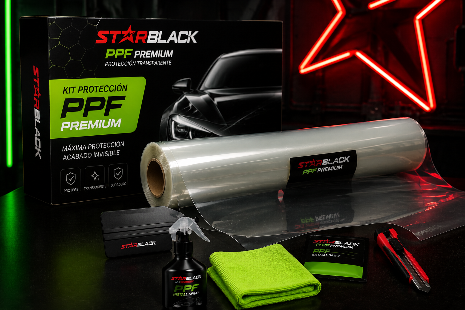 Kit de láminas para ventanas StarBlack PPE de primera calidad con rollo de película, espátula, botella pulverizadora