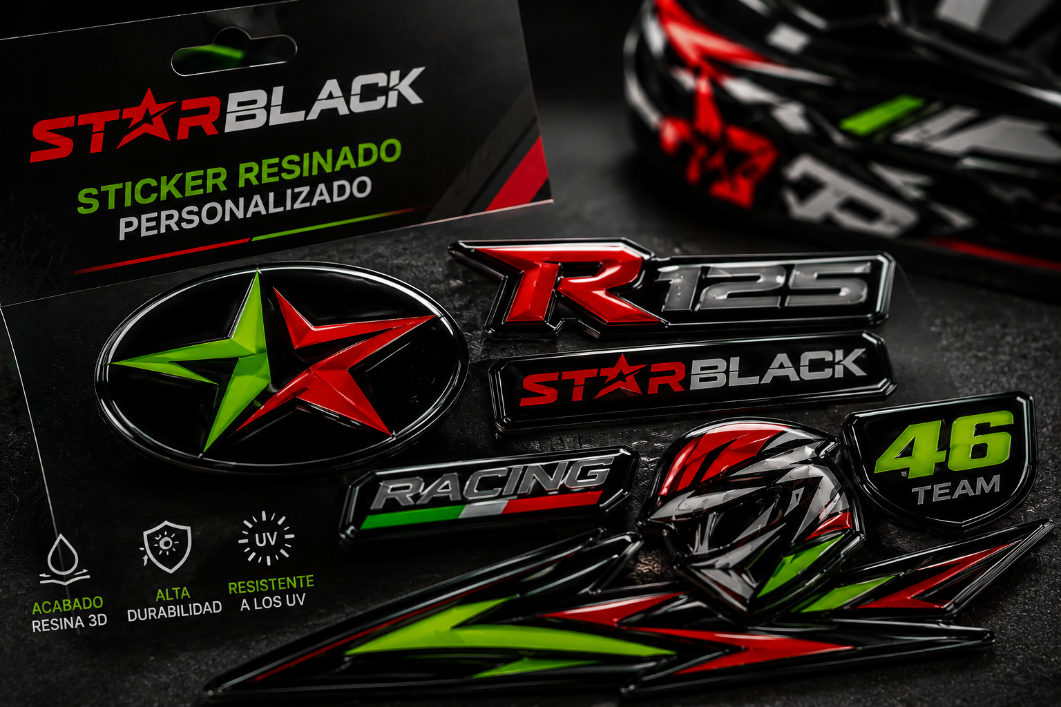 Pegatinas personalizadas para motocicleta Star Black en negro, rojo y verde, con gráficos de carreras y el número 46.