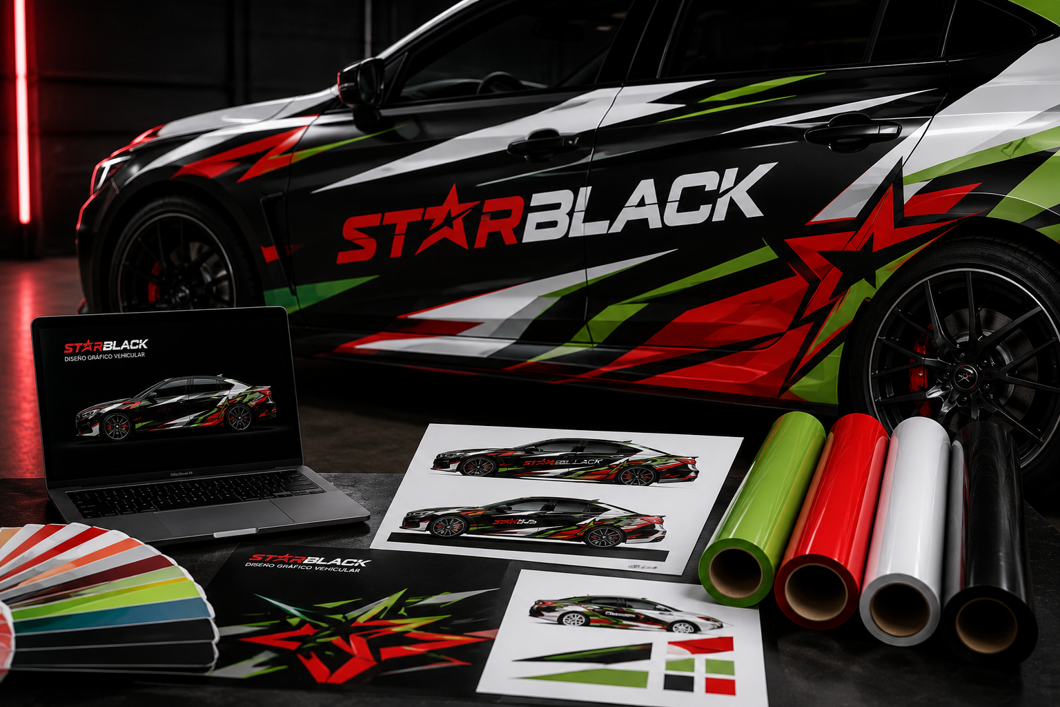 Coche negro con diseño de vinilo STARBLACK, muestras de color y ejemplos de calcomanías en exhibición.