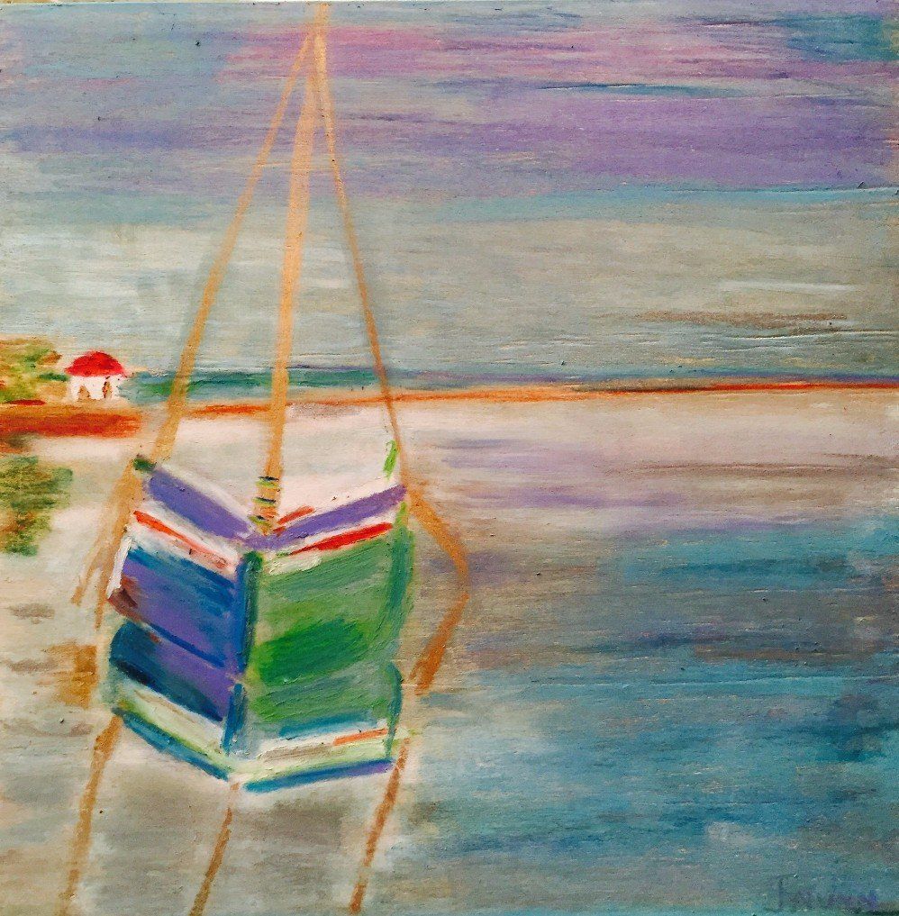 A painting of a stack of books hanging over a body of water