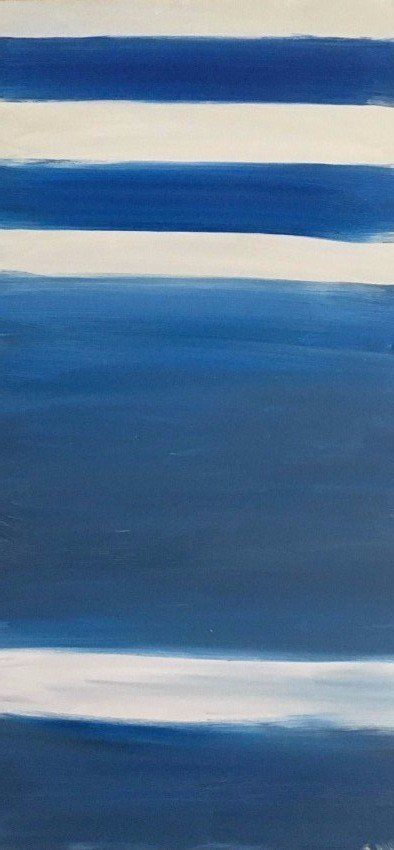 It is a painting of a blue and white striped background.