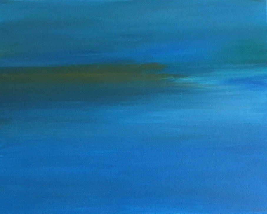 It is a painting of a blue ocean with a yellow horizon.