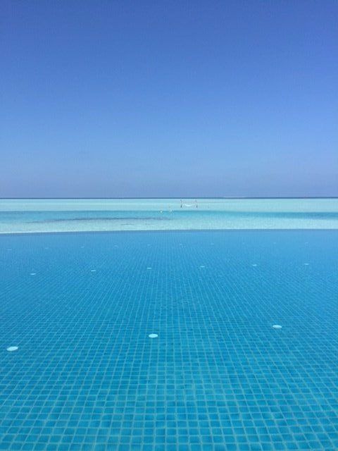There is a swimming pool with a view of the ocean.