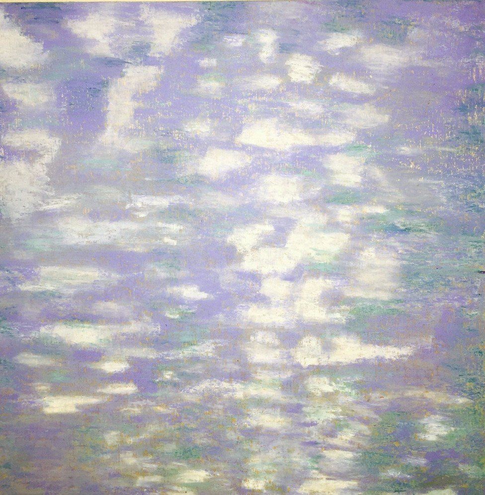 A painting of a cloudy sky reflected in a body of water.