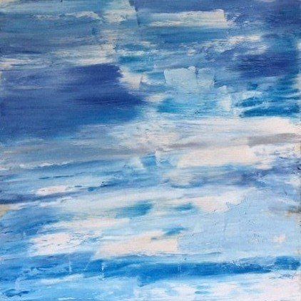 A painting of a blue sky with white clouds