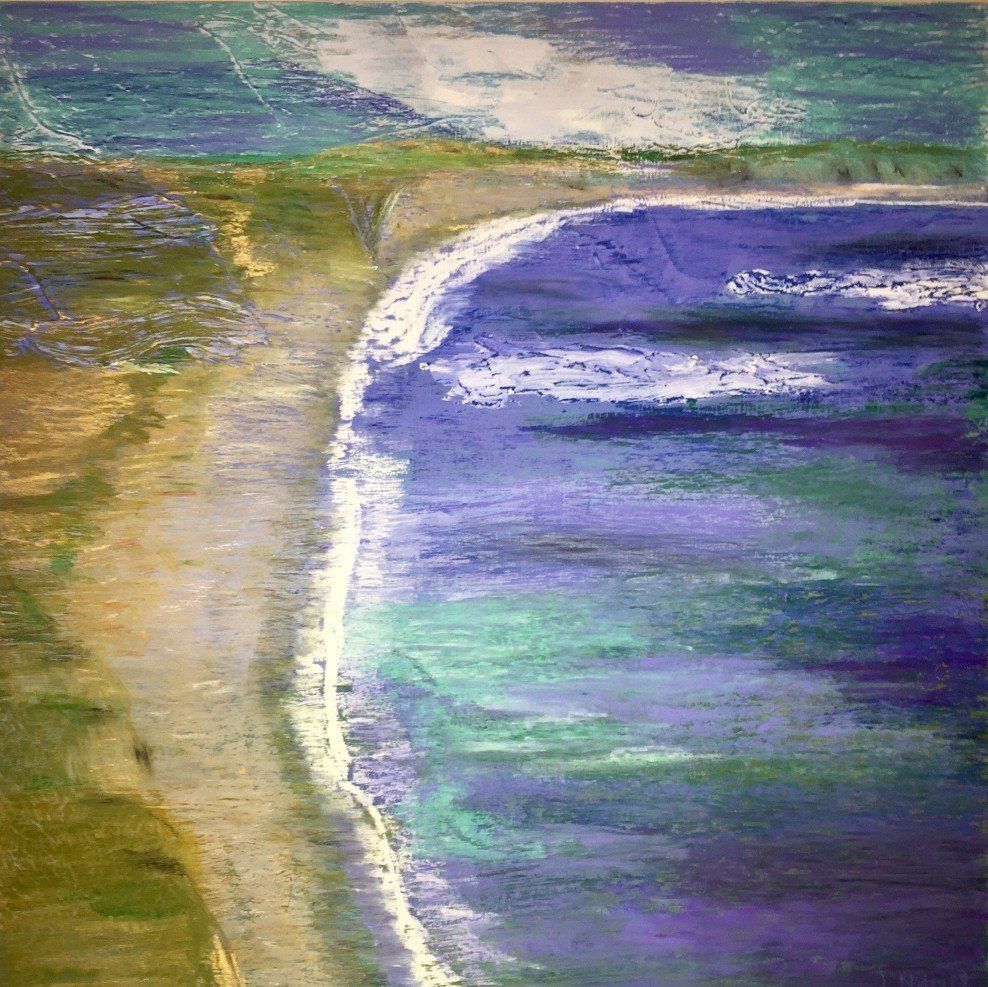 It is a painting of a beach with waves coming in.