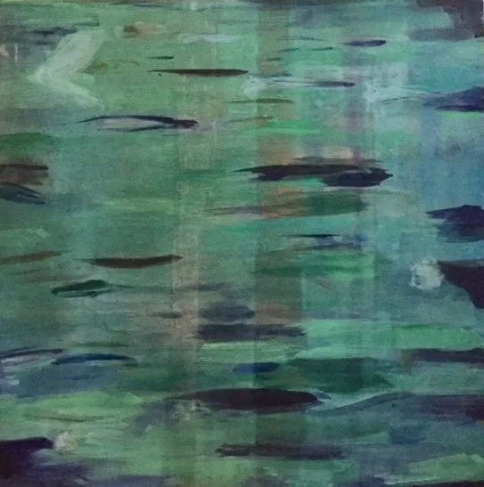 A painting of a body of water with a lot of fish in it.