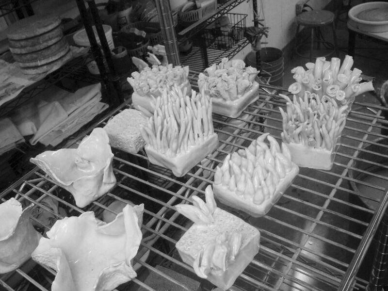 A bunch of ceramic corals are sitting on a wire rack.