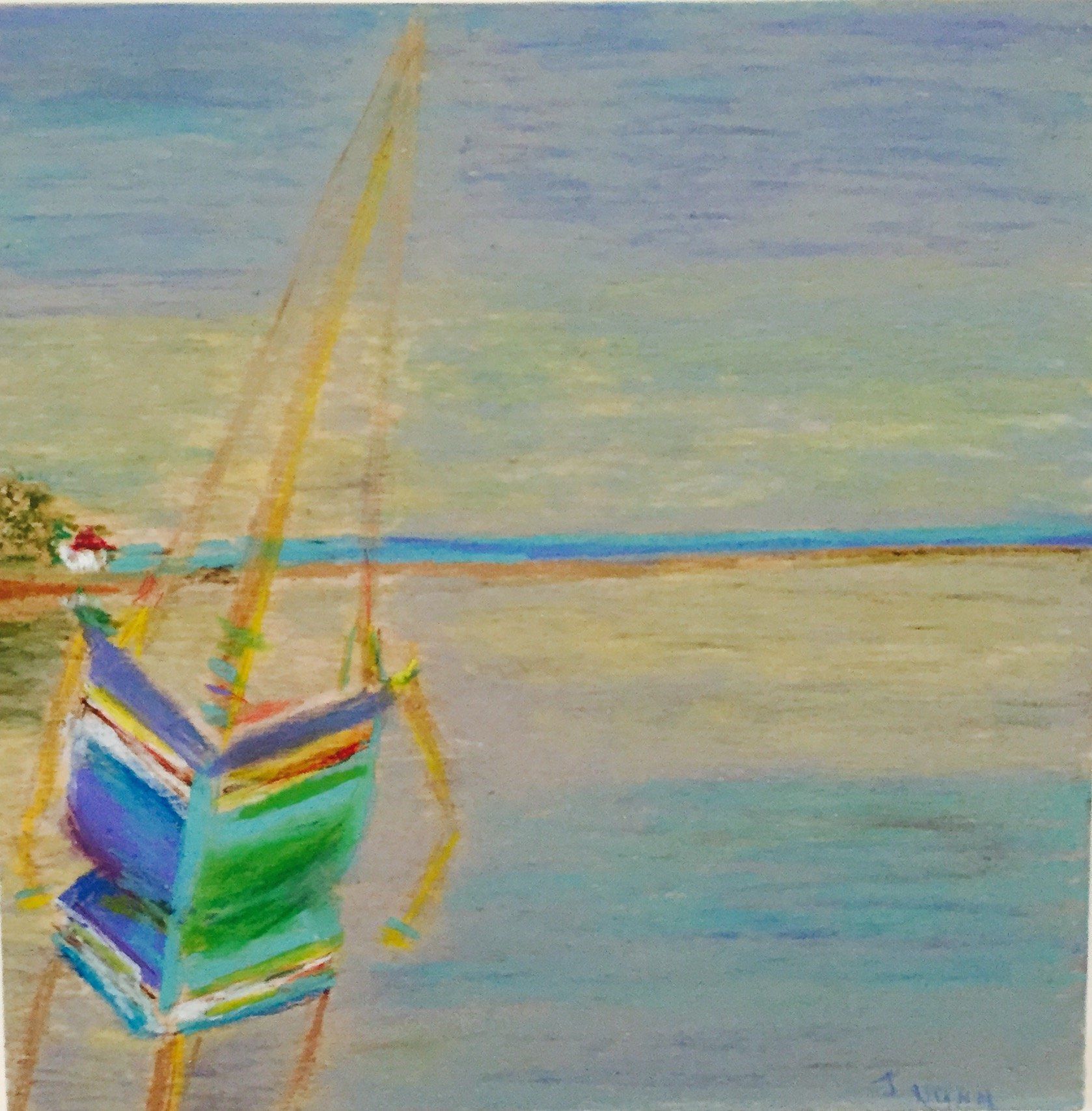 A painting of a chair hanging over a body of water