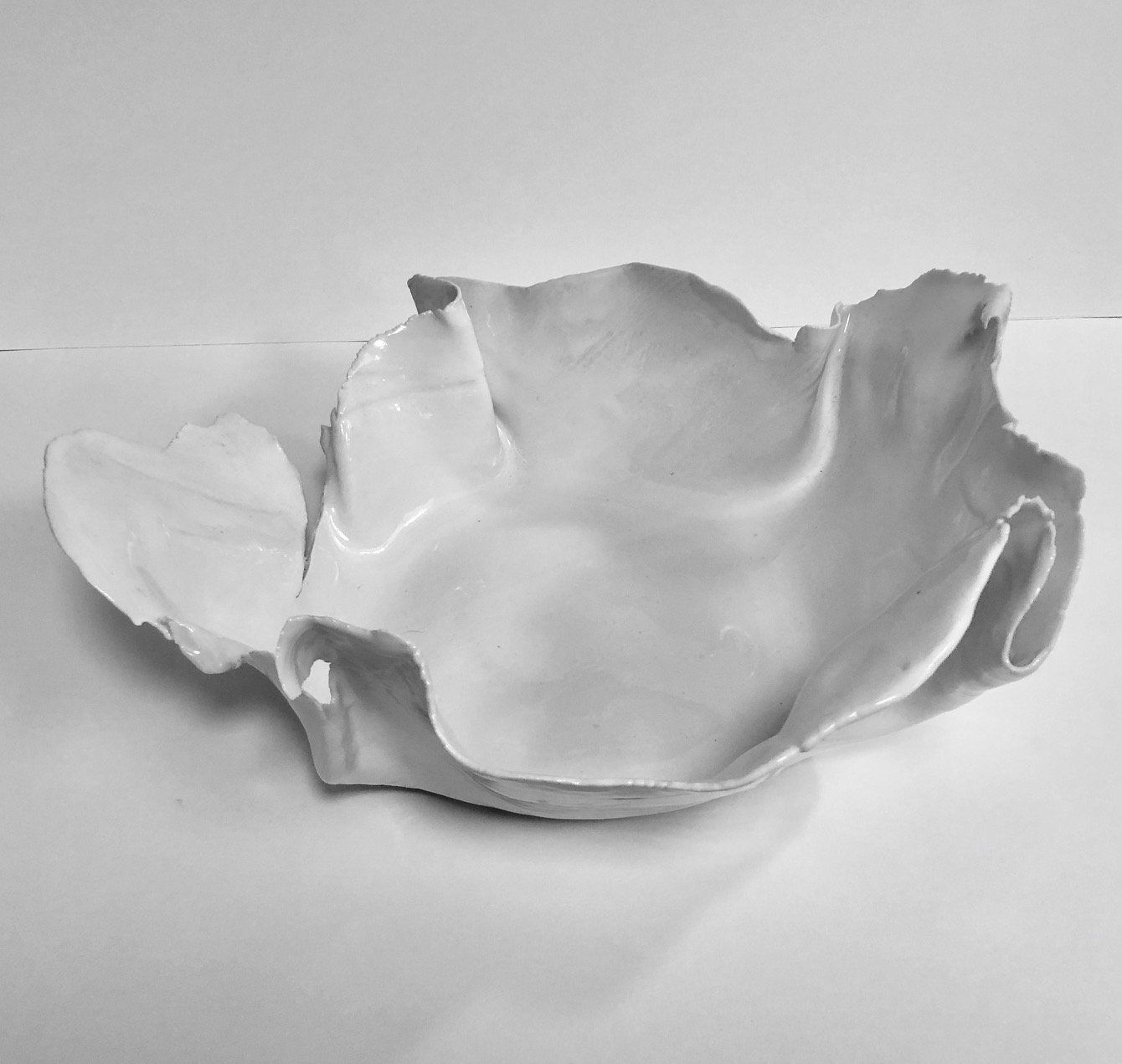 A black and white photo of a white bowl on a table