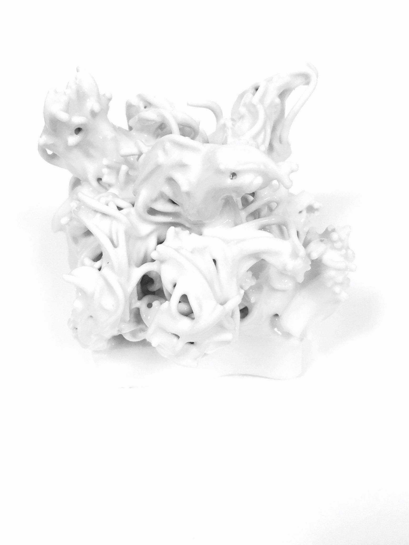 A black and white photo of a pile of white flowers on a white background.