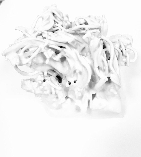 A black and white photo of a pile of noodles on a plate.