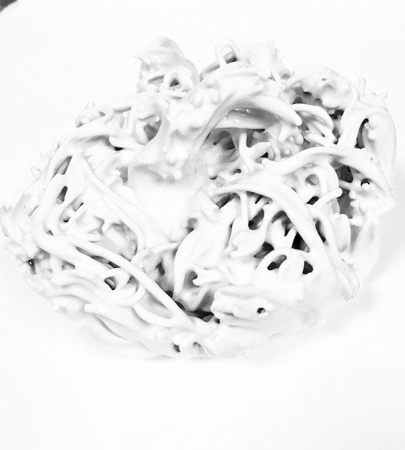 A black and white photo of a pile of noodles on a plate.