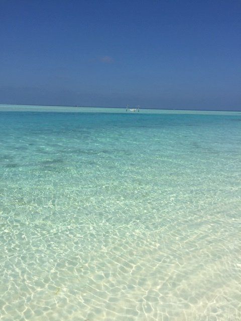 A beach with a clear blue ocean and a blue sky
