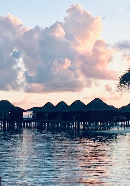 A row of bungalows on stilts overlooking a body of water