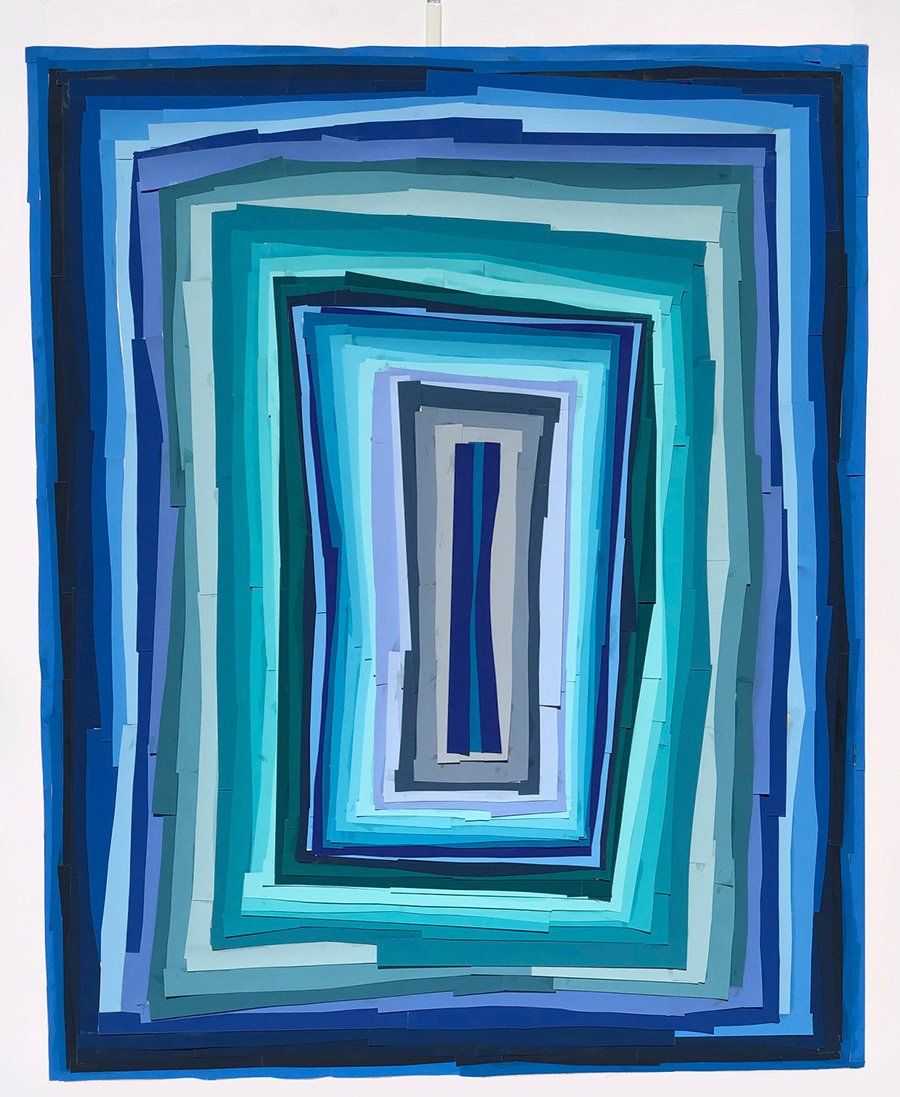 A painting of a blue square that looks like an optical illusion