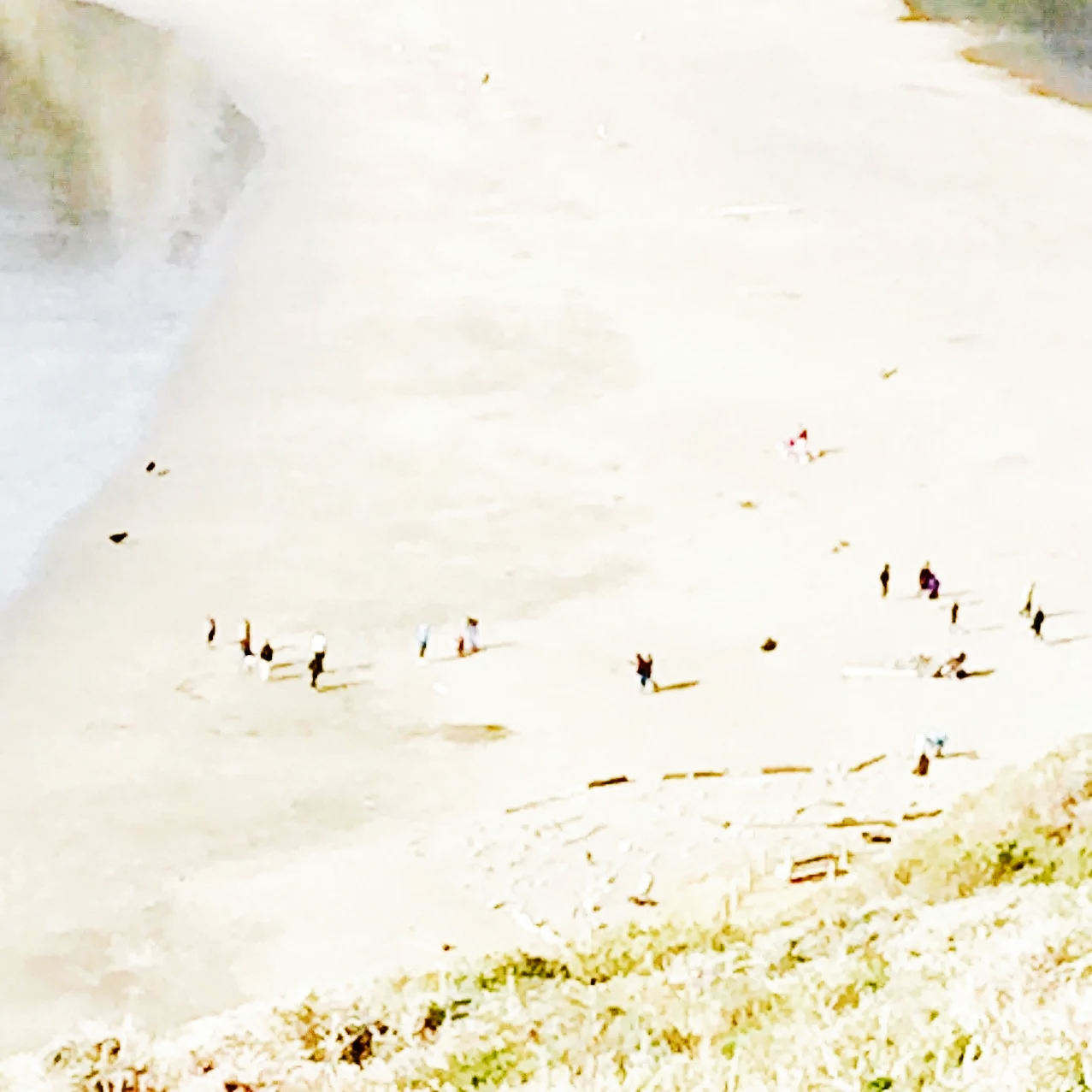 A group of people are standing on a beach near a body of water