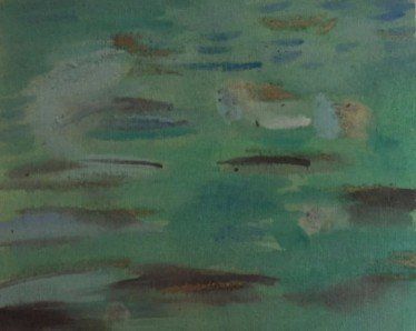 A painting of a group of fish swimming in the water.