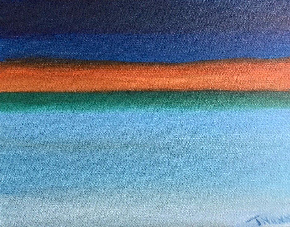 It is a painting of a sunset over the ocean.