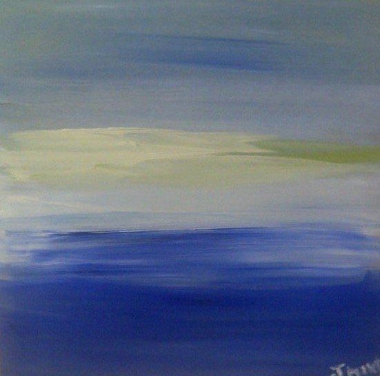 A painting of a blue and white sky over a body of water