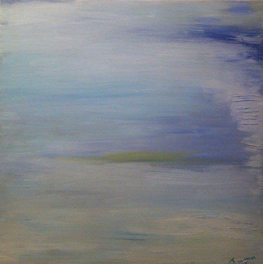 A close up of a painting of a body of water.