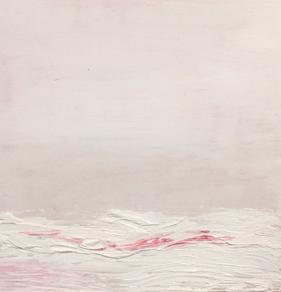 A close up of a pink and white painting on a white background.