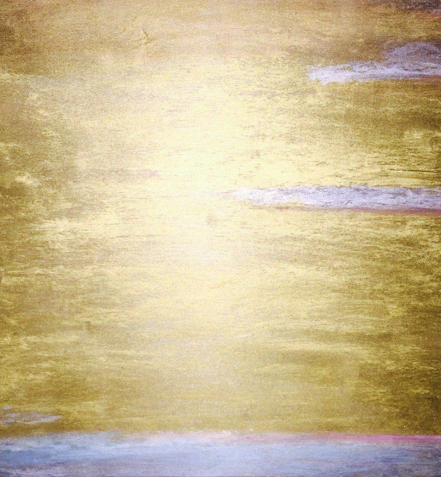 A close up of a painting of a sunset on a gold background.
