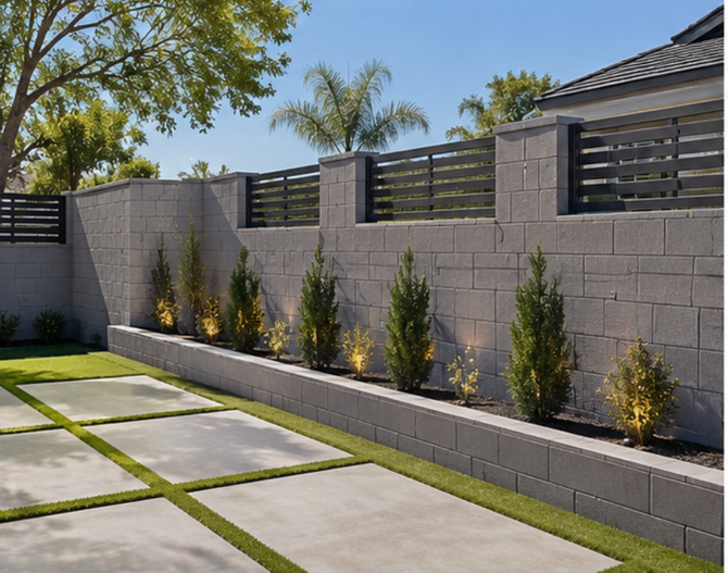 Modern backyard with a gray decorative block wall featuring black horizontal metal fence panels, raised planter bed with evergreen shrubs, and large concrete pavers separated by grass strips under a clear blue sky.