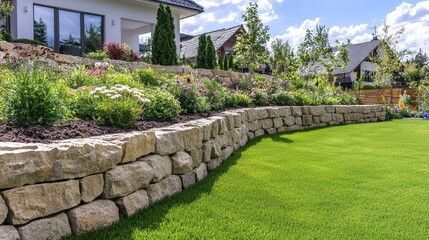 Stone retaining wall in front of a terraced garden with lawn and houses in the background.