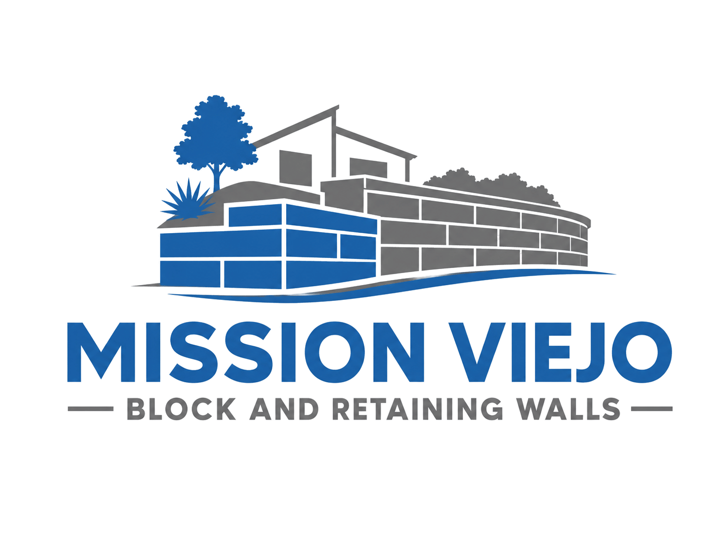 Mission Viejo Block & Retaining Walls logo with a blue and gray block wall icon and clean professional branding.