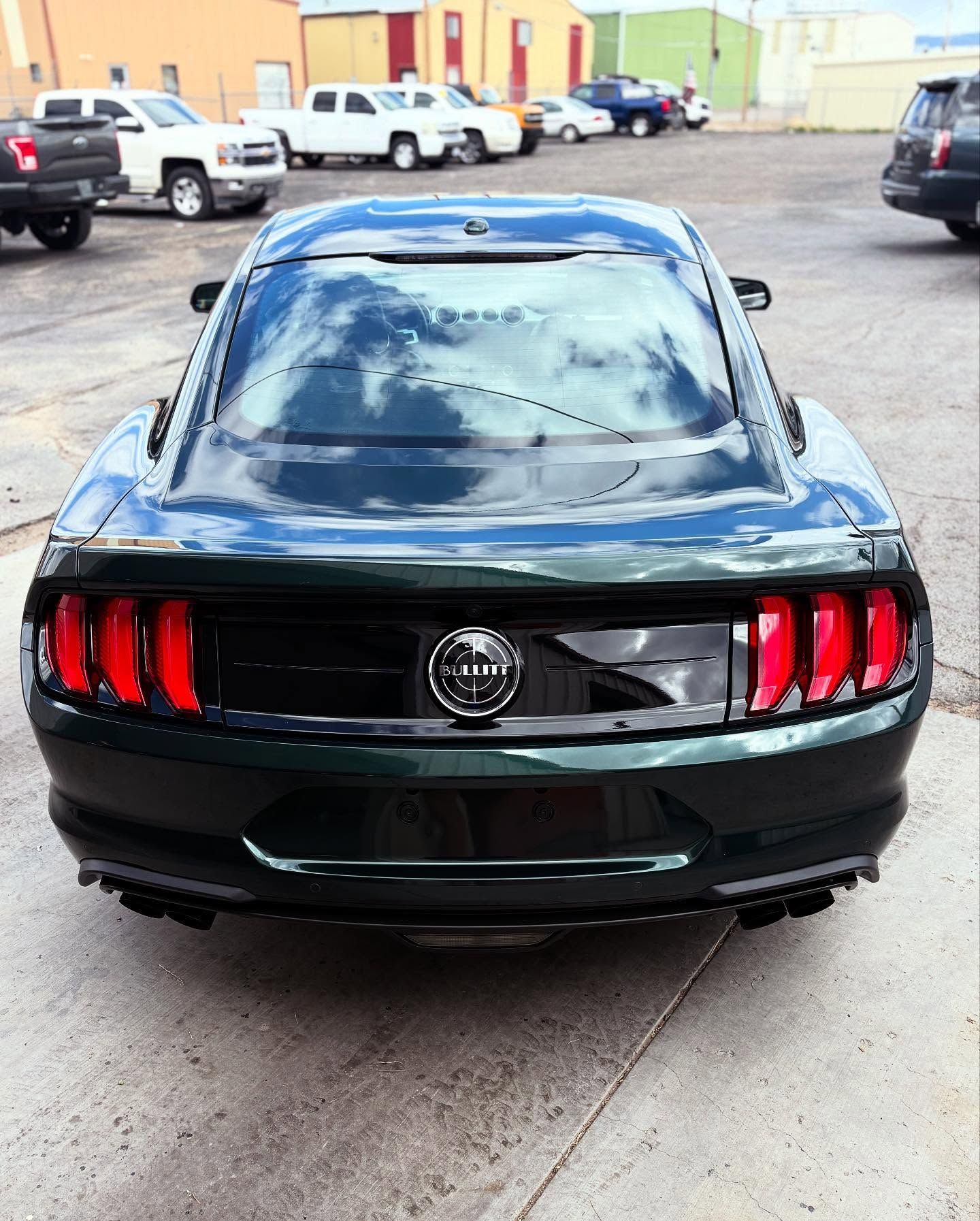 Rear view of a dark green Ford Mustang parked in a lot, showcasing its signature taillights and a circular emblem.
