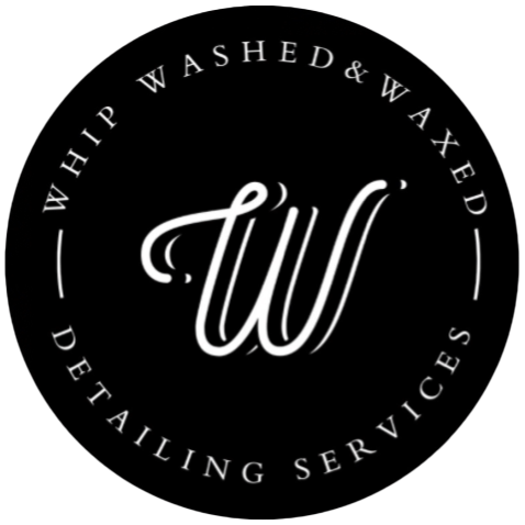 A black circular logo with white text reading "WHIP WASHED & WAXED DETAILING SERVICES" around a stylized "W" monogram.