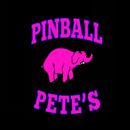 Pink elephant with buck teeth between "PINBALL" and "PETE'S" in purple text with blue outline, on a black background.