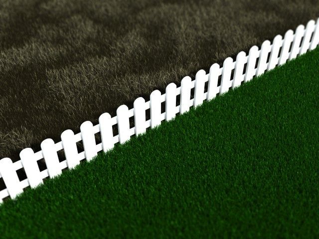 White picket fence separates green grass from brown grass.