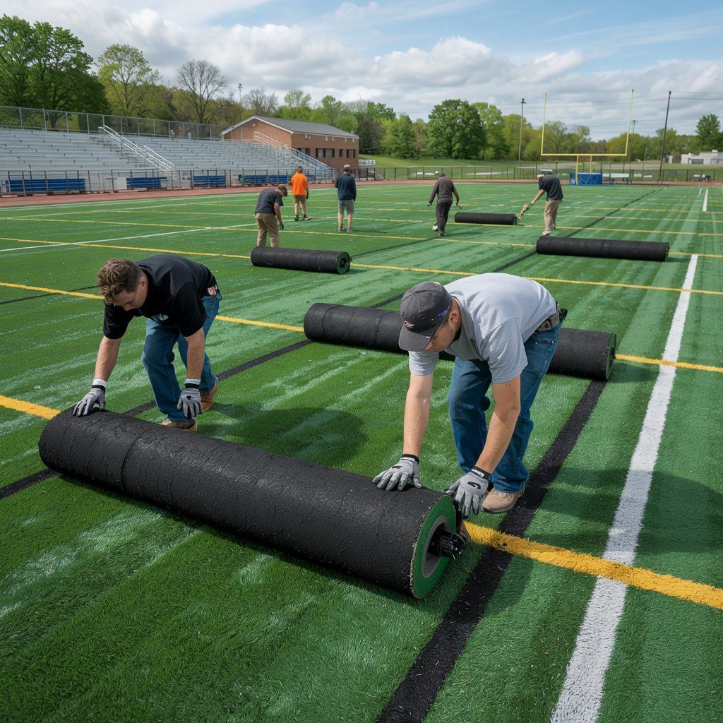 People installing turf rolls on a sports field. Men in casual clothing work outside on a sunny day.