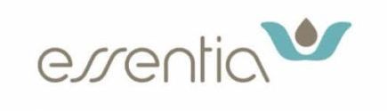 A logo for essentia with a drop of water in the middle.