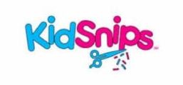 A pink and blue logo for kidsnips with scissors and sprinkles.