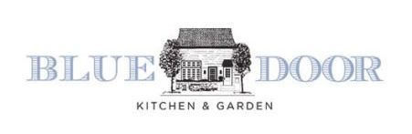 The logo for blue door kitchen and garden has a picture of a house on it.