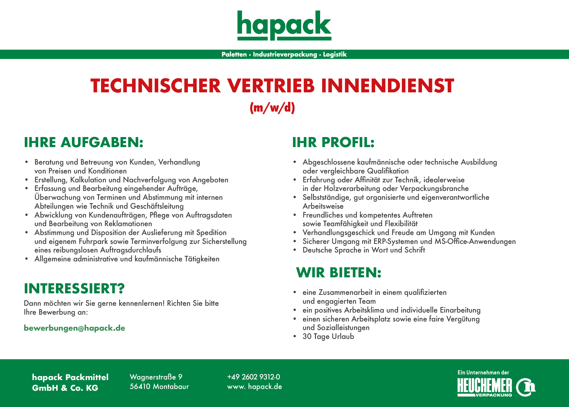 Stellenangebot: Technischer Vertrieb Innendienst (m/w/d)