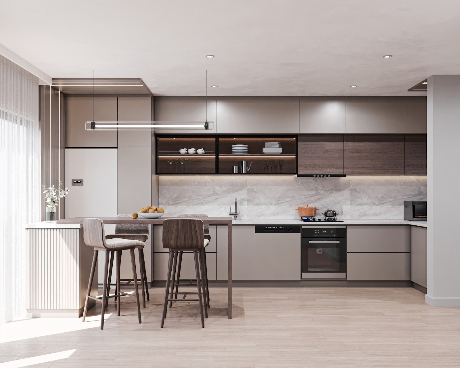 Modern kitchen with grey cabinets, wood accents, marble backsplash, island with stools.