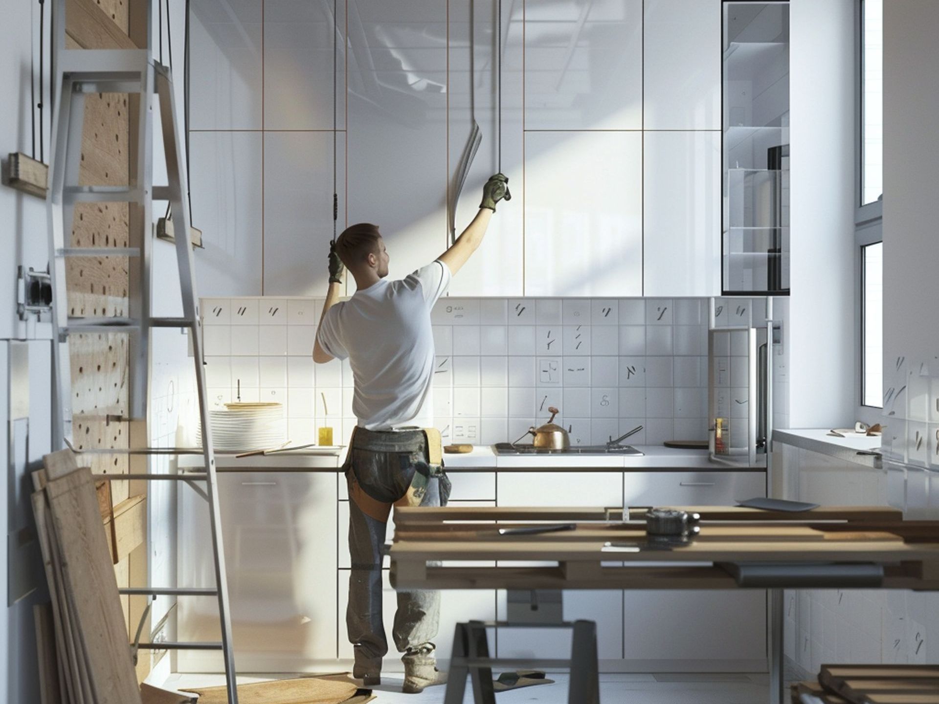A man is working in a kitchen with a ladder