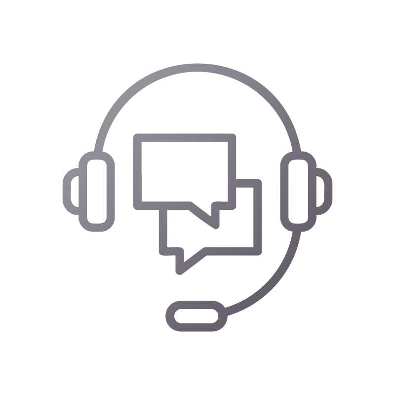 A line drawing of a headset with a microphone and speech bubbles.