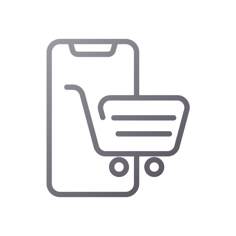A line icon of a shopping cart on a cell phone.