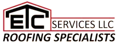 A logo for a company called ec services llc roofing specialists.