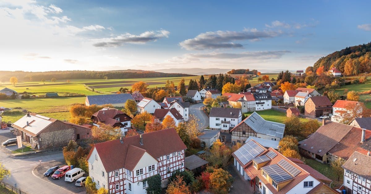 An aerial view of a small town with a lot of houses and trees.