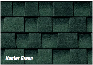 A close up of a hunter green roof shingle.