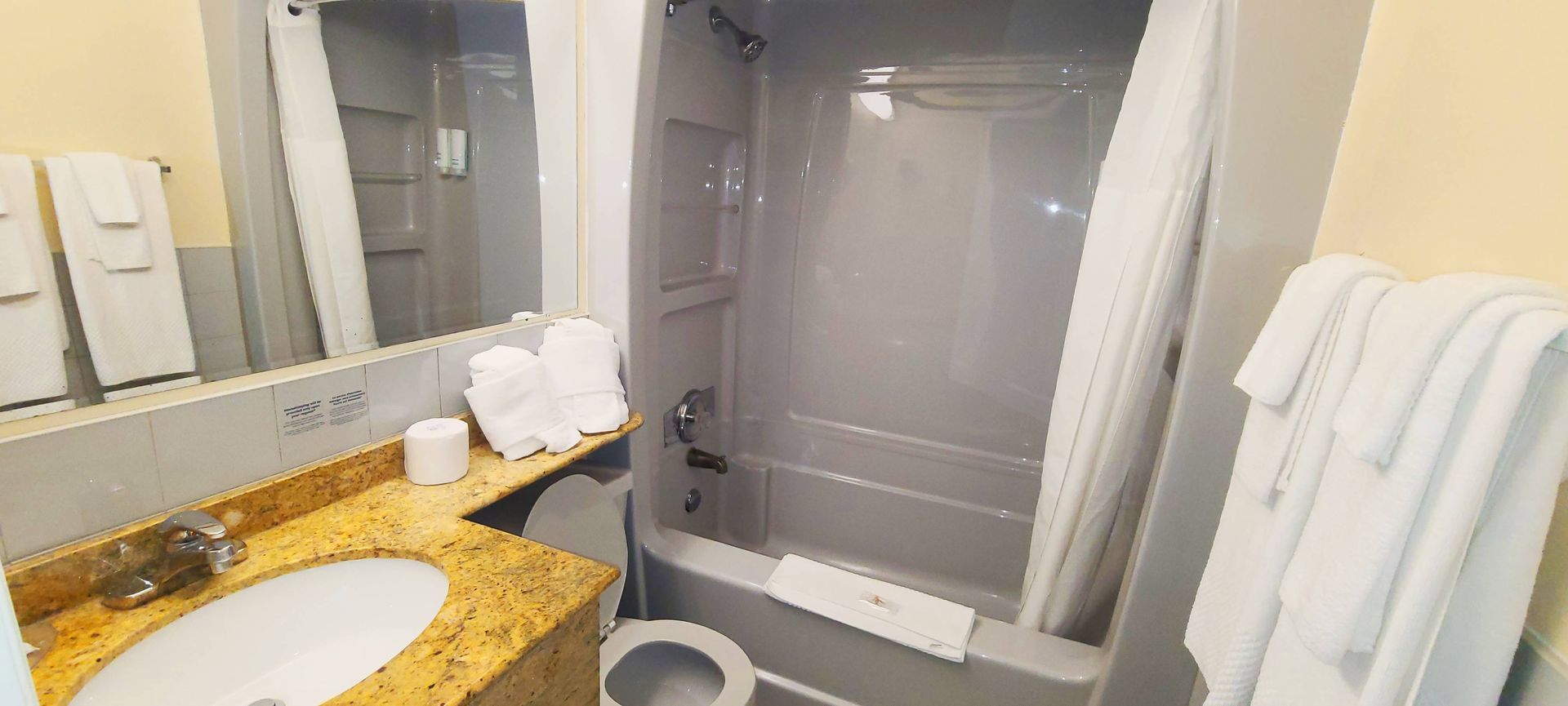 a bathroom with a sink , toilet , shower and mirror .